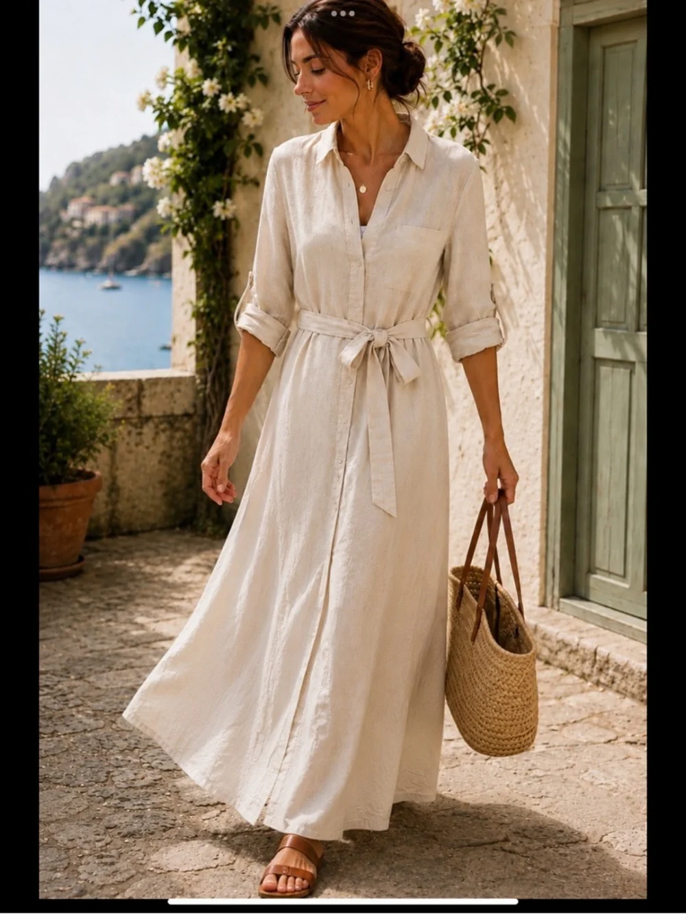 Natural Linen Coastal Maxi Shirtdress Belted Button Front Pockets S/P